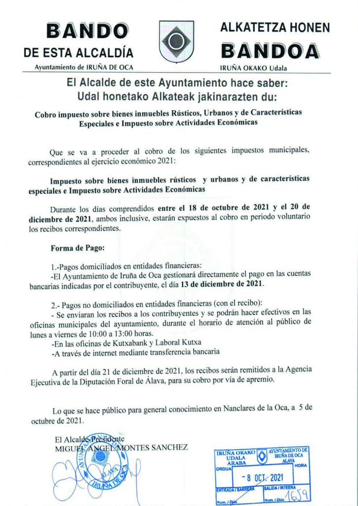Periodo de cobro del Impuesto de Bienes Inmuebles
